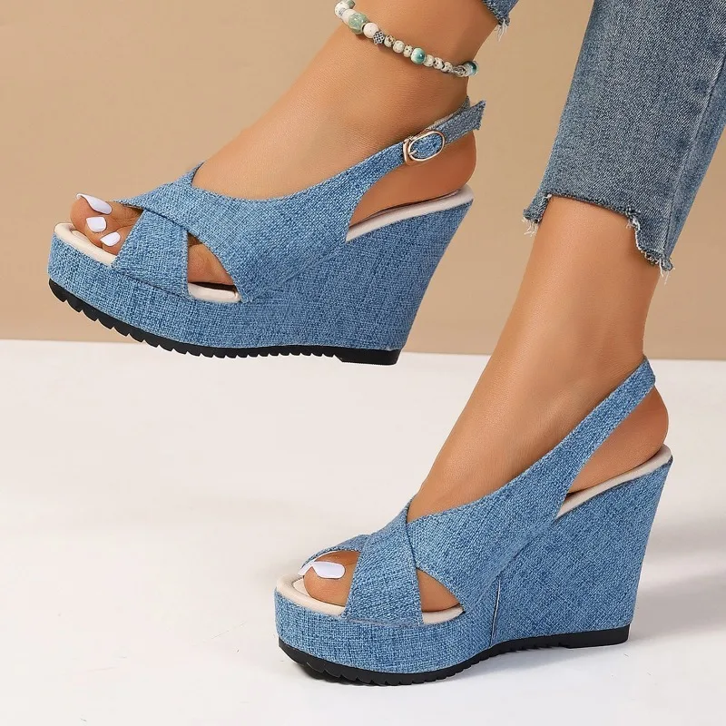 Doghc 2024 neue Größe 35-43 Schuhe für Frauen Knöchel schnalle Keile Sandalen für Frauen Sommer Denim Sandale bequeme dicke Sohle