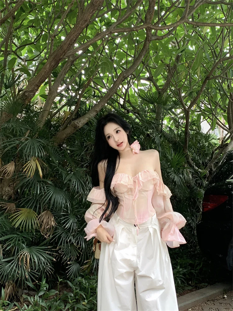 レディース夏用オフショルダーストラップレスシャツ、フィッシュボーンウエスト、ロータスリーフエッジ、長袖ブラウス、スリムフィットデザイントップス