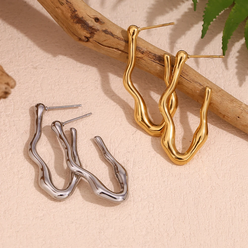 E.B.belle Wave V-shaped Drop Earrings Cool Tarnish Free 18K Gold Plated Gift Silver Color 316L Stainless Steel Decoration