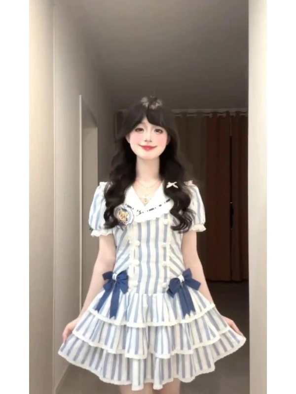 Vestido Corto de Verano con Cuello Marinero y Rayas para Mujer, Estilo Dulce Universitaria, Falda Corta de Cintura Alta con V...