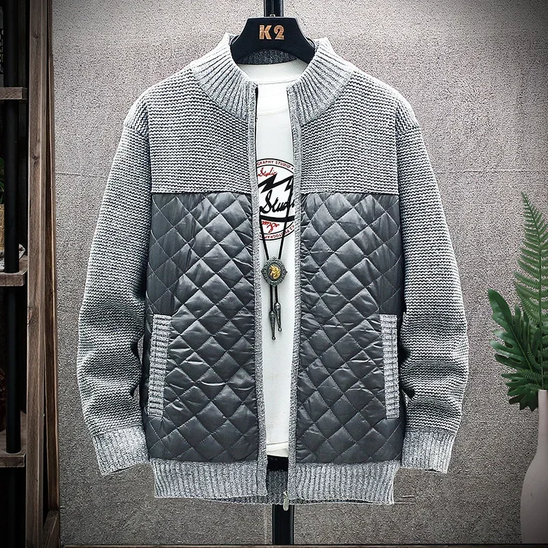 Men Cardigan Sweater Coat Autumn Winter Warmth Thickening Stand-up Collar Casual Male Clothing Knitted Sweater Stitching Jacket