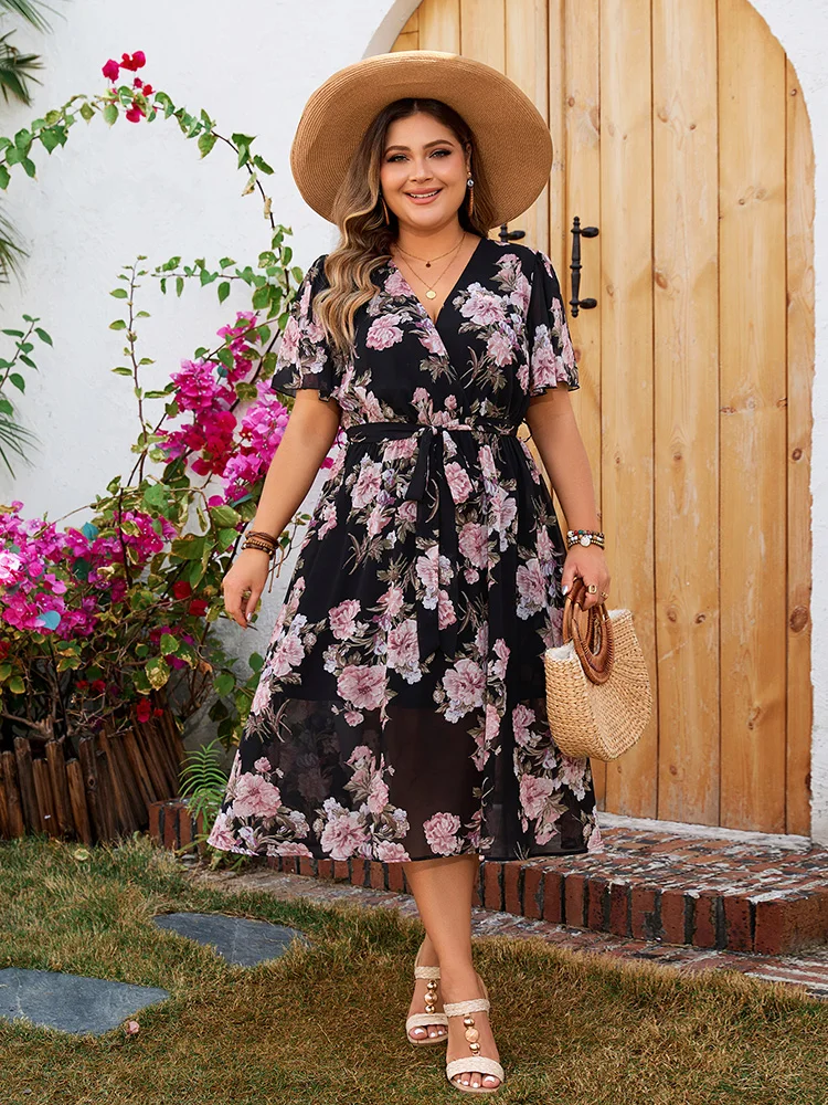 GIBSIE Plus Size Surplice Neck Butterfly Sleeve Belted Dress Women Holiday Floral Print A-line Boho Summer Long Dresses 2024 New