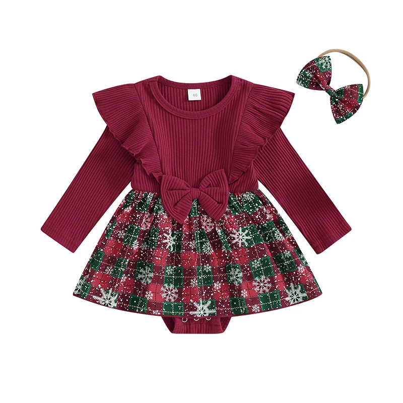 BULINGNA Baby Girl Christmas Outfit Long Sleeve Ruffle Knit Romper Dress Snowflake Plaid Skirt with Headband Set