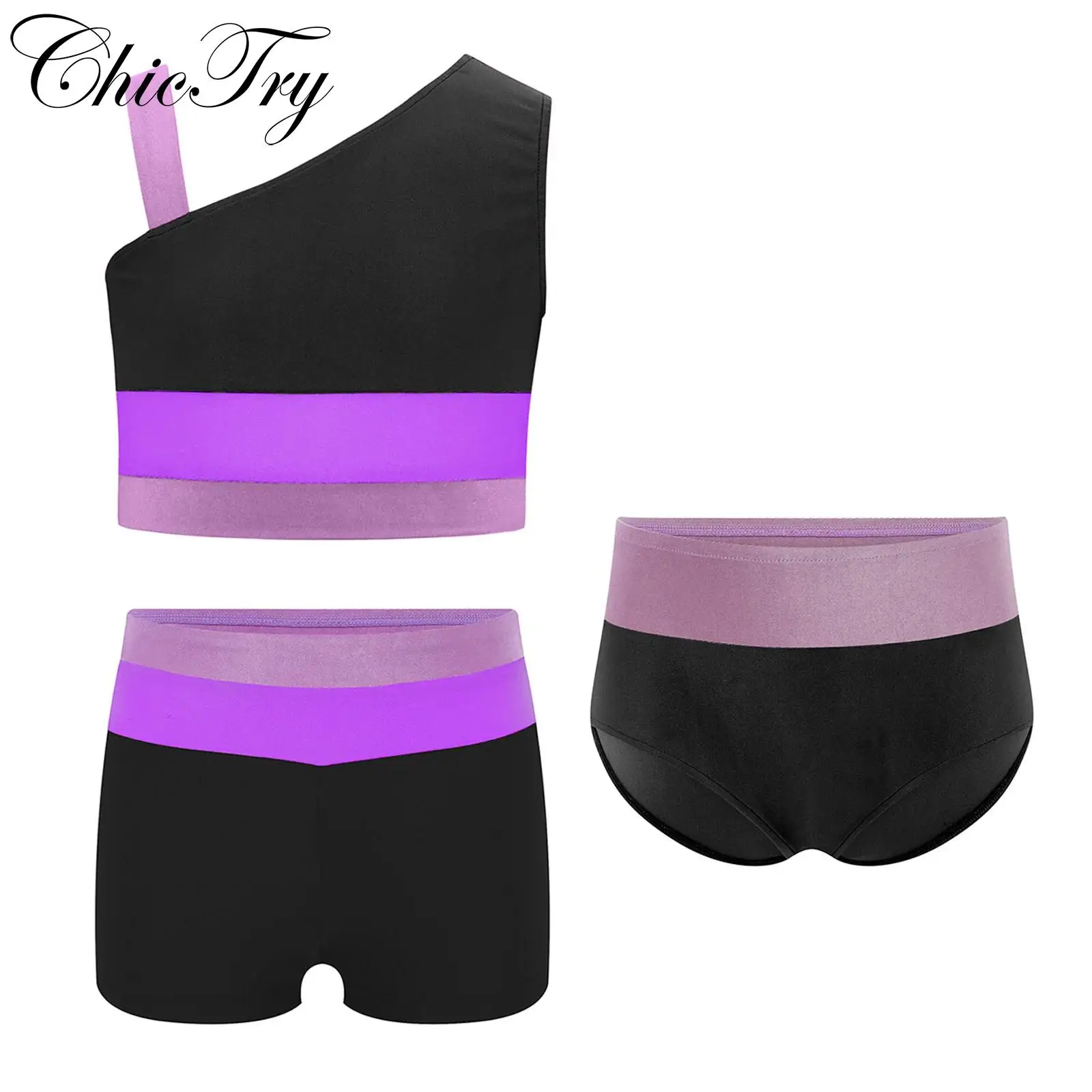 

Kids Girls Ballet Gymnastics Sets Sports Workout Outfits Sleeveless Asymmetrical Color Block Crop Top with Briefs and Shorts