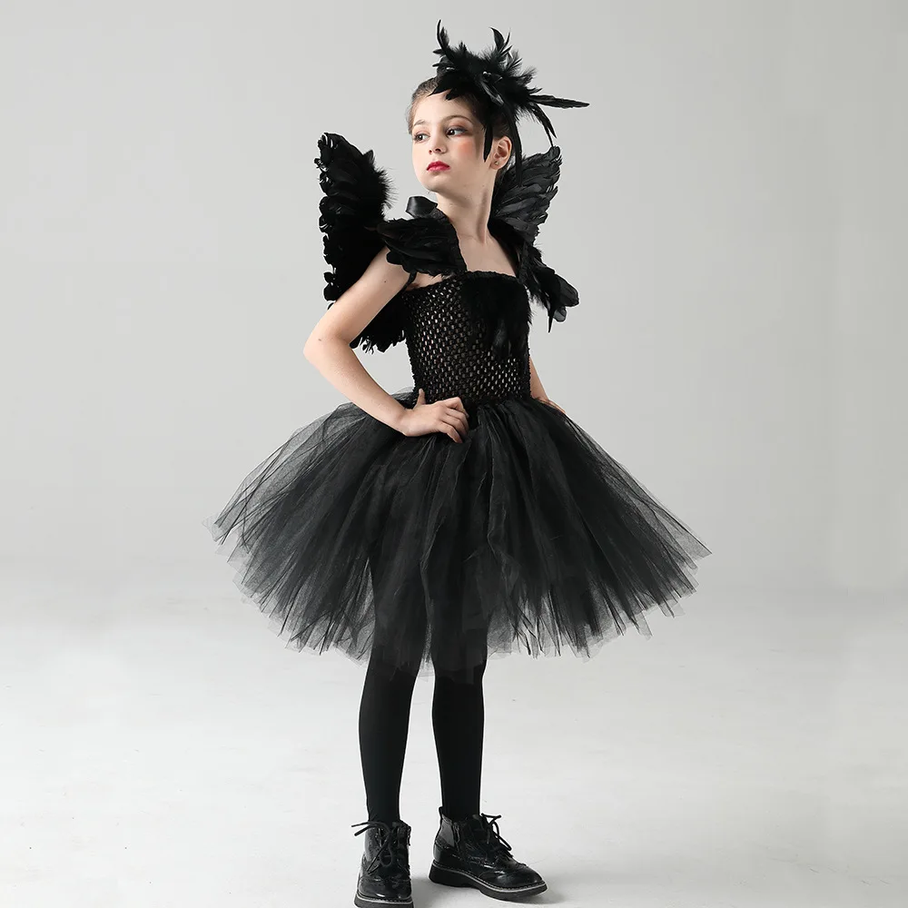 Kids Halloween Black Swan Dress Angel Demons Tutu Dress Girls Cosplay Maleficent Dark Queen Costumes Clothes Outfit 2-12Y