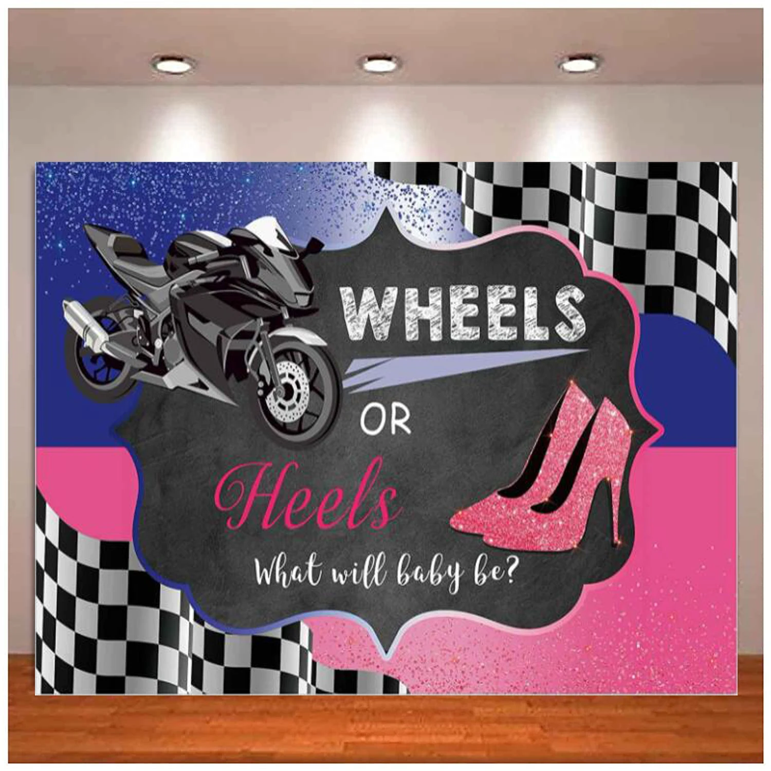 

Wheels Or Heels Gender Reveal Backdrop Boy Or Girl Blue Or Pink Baby Shower What Will Baby Be Party Supplies Background Decor