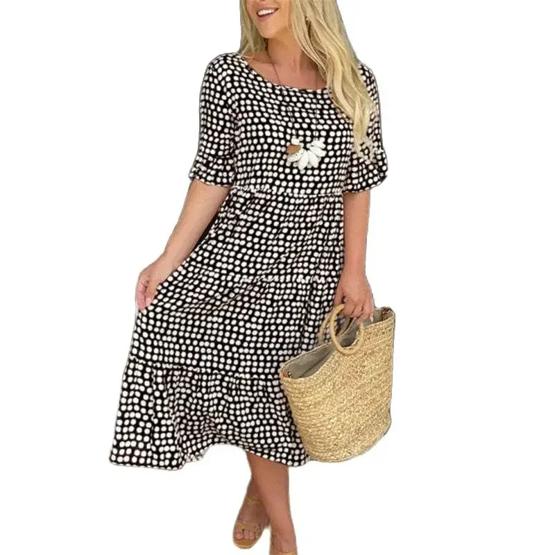 

Women Sensible Style Dot Print Dresses High Waist Ruffle Short Sleeve Dress O Collar Pullover Gown Female Commuter Casual Frock