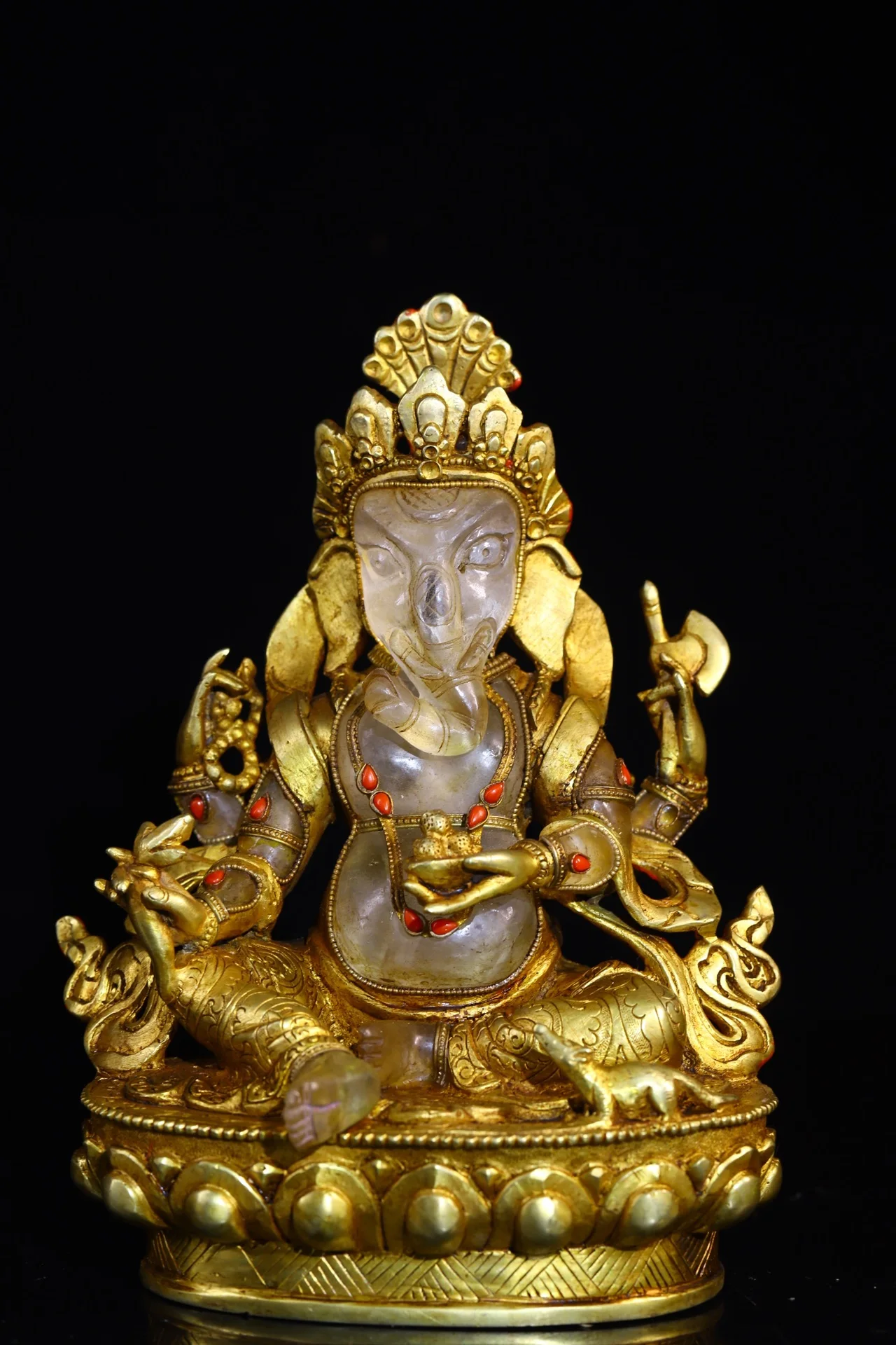 

8"Tibet Temple Collection Old Natural Crystal Tibetan silver gilding inlay Gem Ganesha Elephant trunk god of wealth Buddha