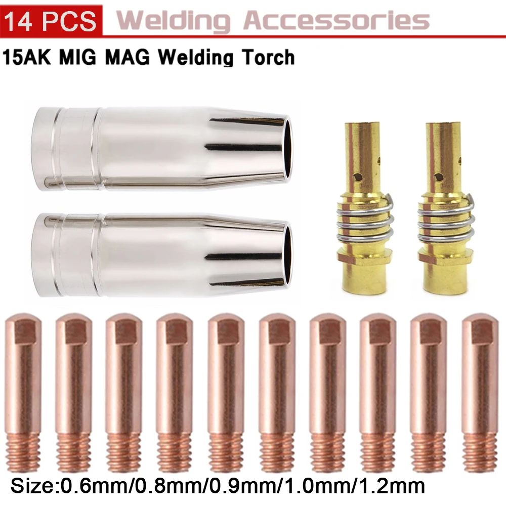 

14Pcs 15AK Welding Torch Consumables 0.6mm 0.8mm 0.9mm 1.0mm 1.2mm MIG Torch Gas Nozzle Tip Holder of 15AK MIG MAG Welding Torch