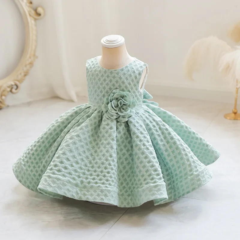 Super Sweet Solid Plaid Flower Bowknot Sleeveless Baby Dress One-piece Kids Evening Birthday Party Outfit For Girls