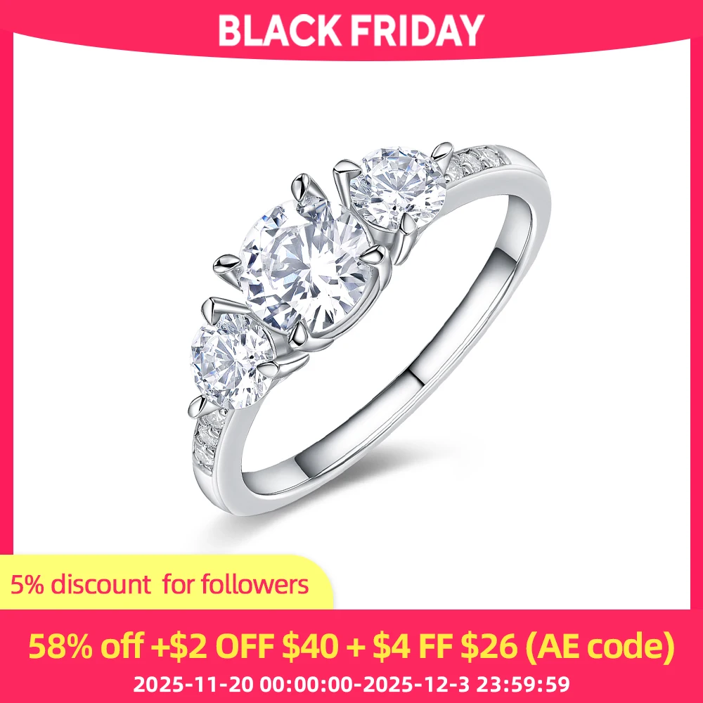 

ANDH 1.87ct D Color Moissanite Three-Stone Ring for Women 925 Sterling Silver Wedding Bands Engagement Anniversary Rings Jewelry