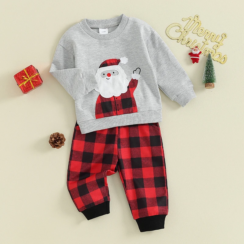 Ensemble de vacances 2 pièces pour bébé, sweat-shirt festif design Père Noël, tenue Fj-AdTosBaby à carreaux