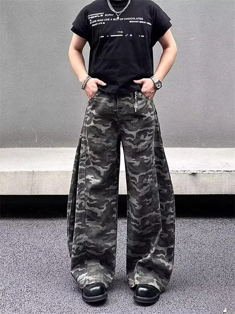 

Американские камуфляжные джинсовые брюки в стиле ретро, мужские и женские мешковатые широкие длинные брюки, прямые брюки High Street