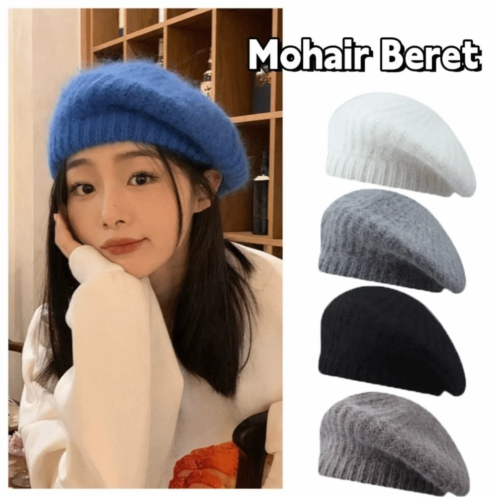 

Fashion Wool Mohair Beret Solid Color Warm Knitted Beanie Cap Korean Style Versatile Painter Hat Girls
