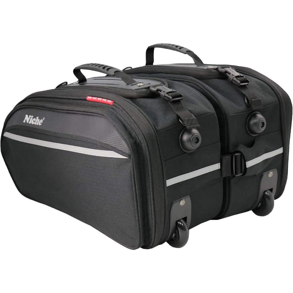 

motorcycle saddle bags 66 l wheel trolley panniers – expandable waterproof side bags with neon rain cover & reflective strips,