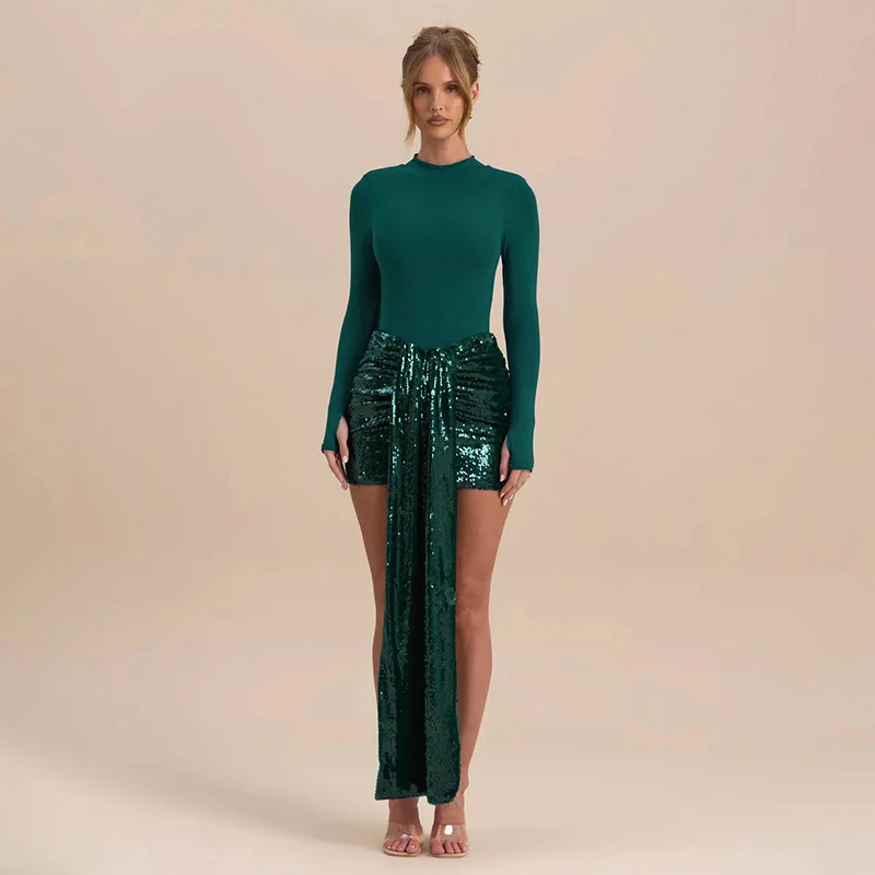 

Sexy Elegant Skirt Suit Fashionable Solid Color Slim Fit Spring Summer Long-sleeved Round Neck Top Short Skirt Two-piece Set