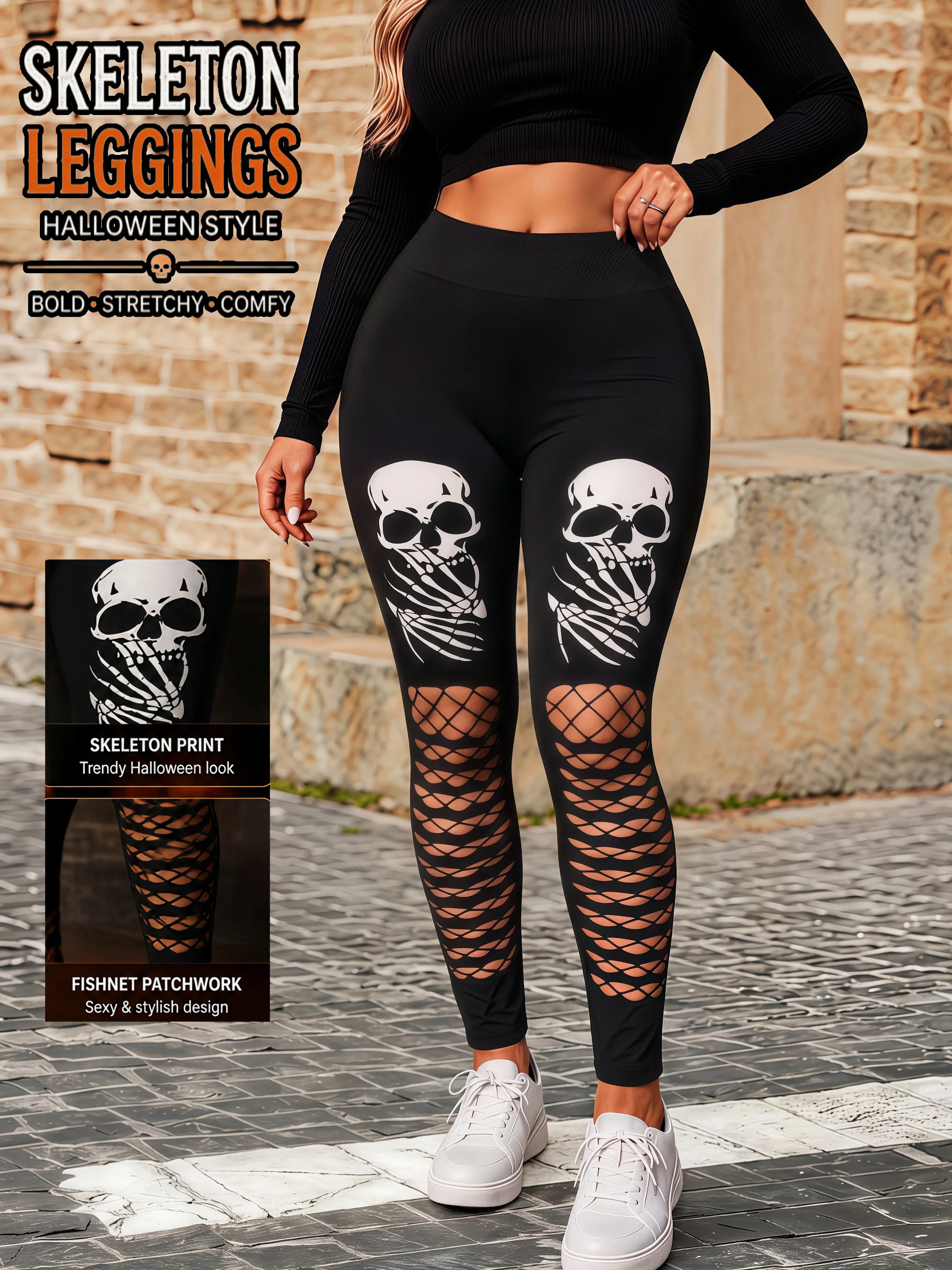 Damen-Halloween-Leggings mit Skelett-Muster, seitlichem Netzstoff, Ausschnitten und Patchwork-Design, hoch elastische Hose für Cosplay-Partys. – Detail 1