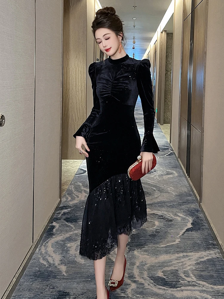 فستان حفلة موسيقية أنيق للمشاهير للنساء أنيق أسود لامع طيات بقماش شفاف وكشكشة ذيل السمكة رداء حفلة غير منتظم فيستدوس ربيعي #4