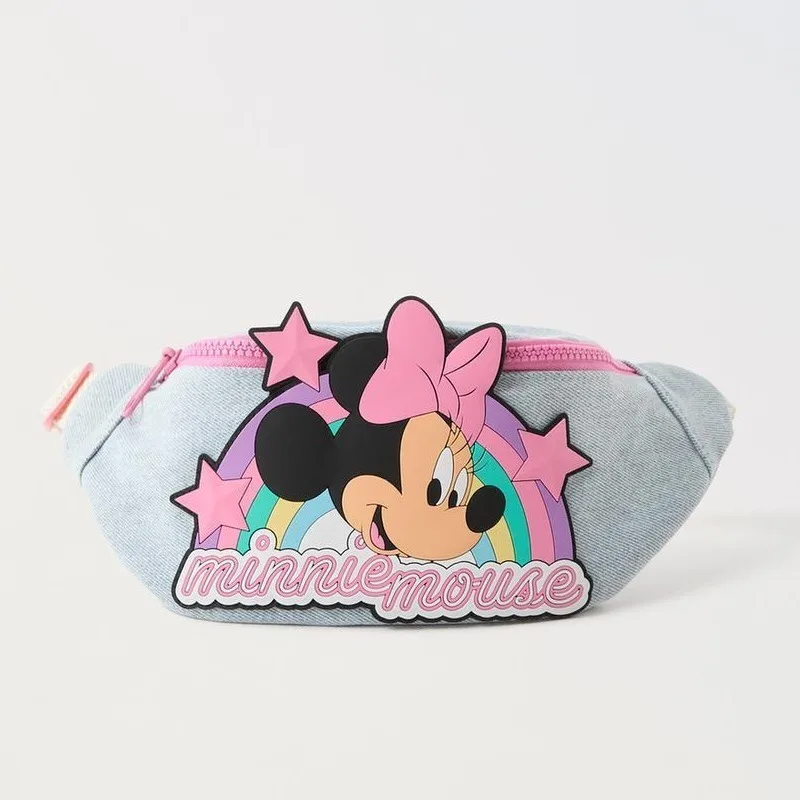 Disney Cartoon Minnie Denim Plastic Headwear Rainbow Girls Chest Bag Fashionable Versatile Crossbody Small Waist Bag