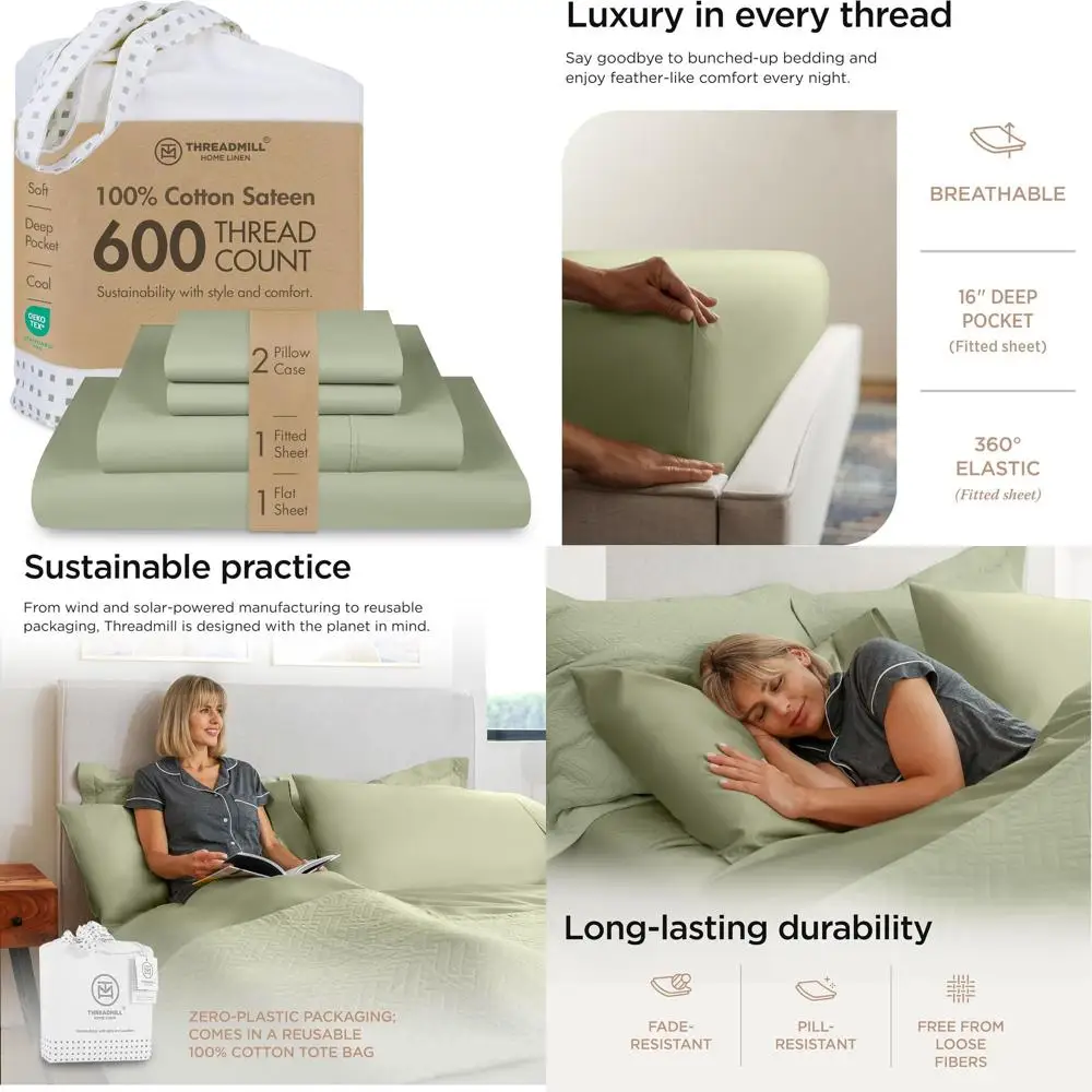 

Queen Size Cotton Sheets Set - 600 Thread Count, 16 Pocket, Sateen Weave, Cooling Effect, Sage Green