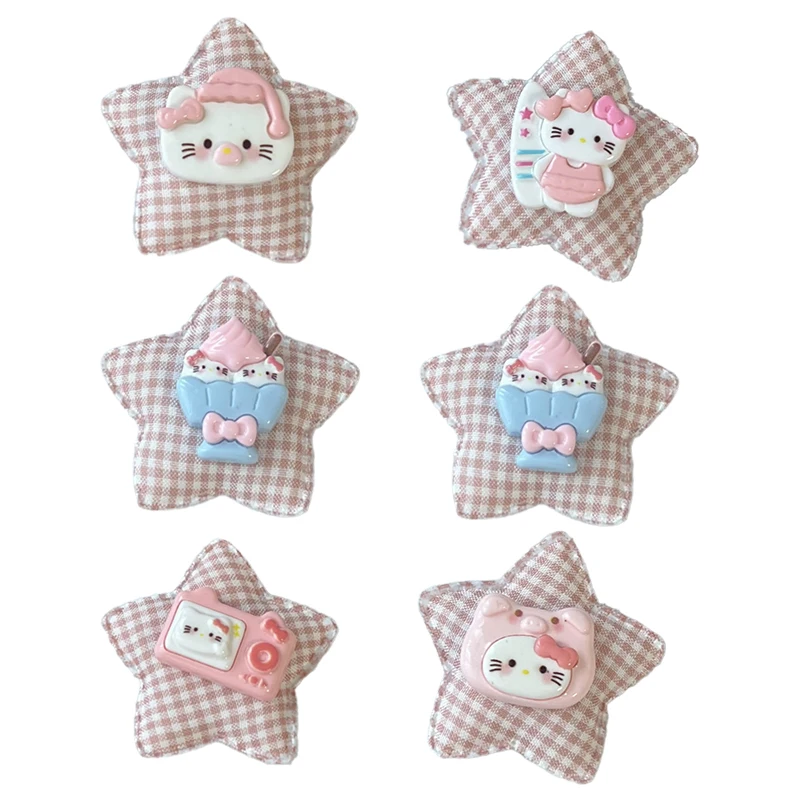 Sanurgente Hello Kitty-Pinces à cheveux étoiles à carreaux pour femmes et filles, accessoires de cheveux de dessin animé, frange latérale, mode douce, cadeaux mignons