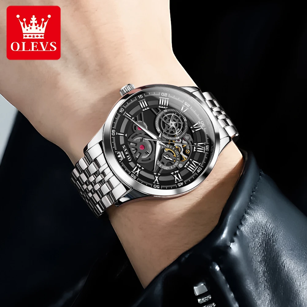 OLEVS 7076 Mens Watch Automatic Mechanical Watch Multifunctional Chronograph Watch For Men 30m Waterproof Luminouse Box Original