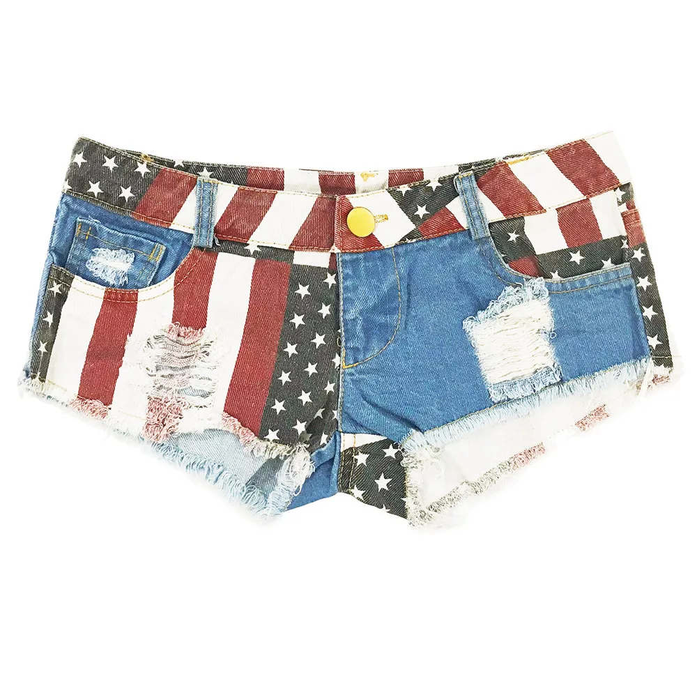 Summer Women's Sexy Low Waist Rise Hot Pants American Flag Print Ripped Denim Shorts Jeans Fashion Mini Beach Clubwear Booty