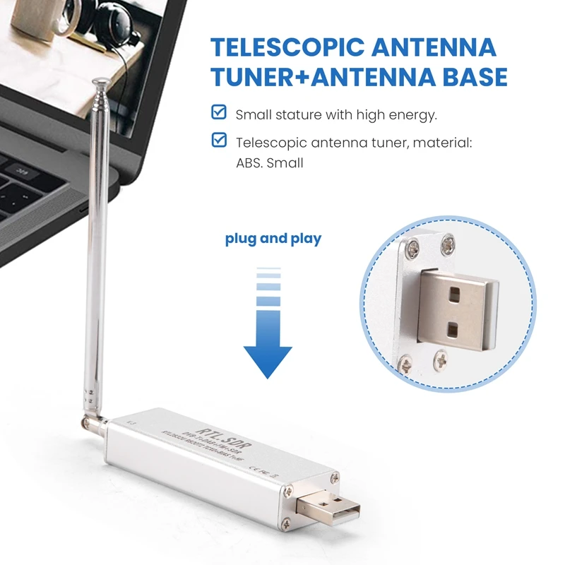 RTL-SDR tuner + tuner d'antenne télescopique + kits d'accessoires de base d'antenne R820T2 V3 RTL2832U