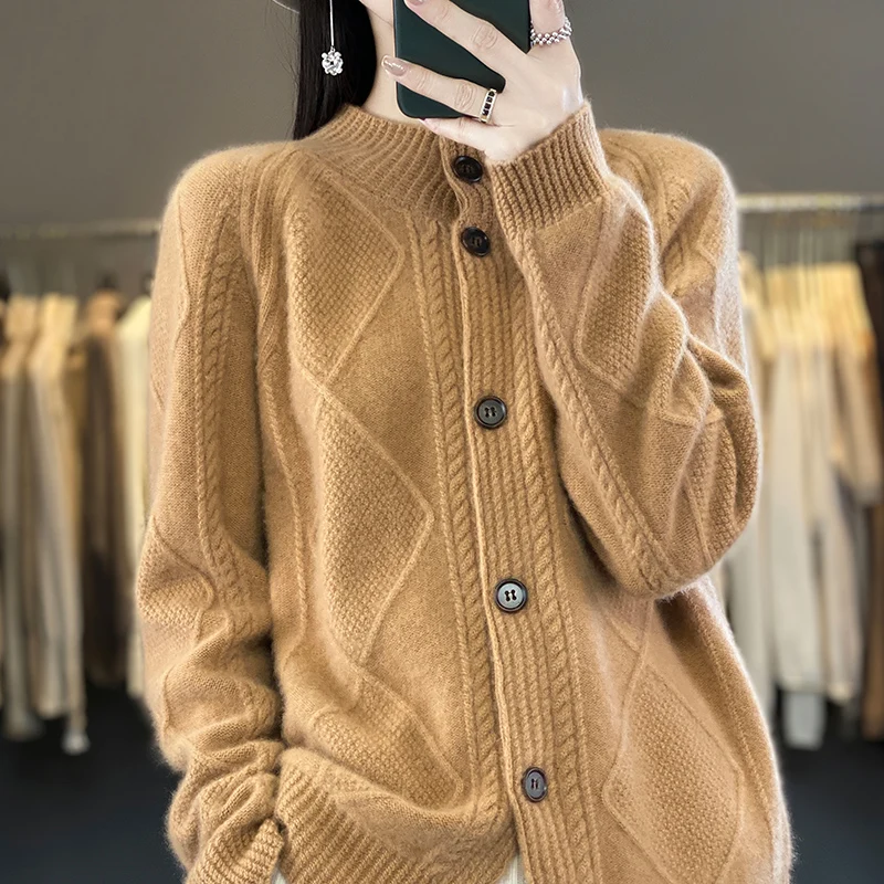 Fall/winter new 100% merino wool fashion diamond thick semi-high neck solid color cardigan ladies long sleeve sweater coat