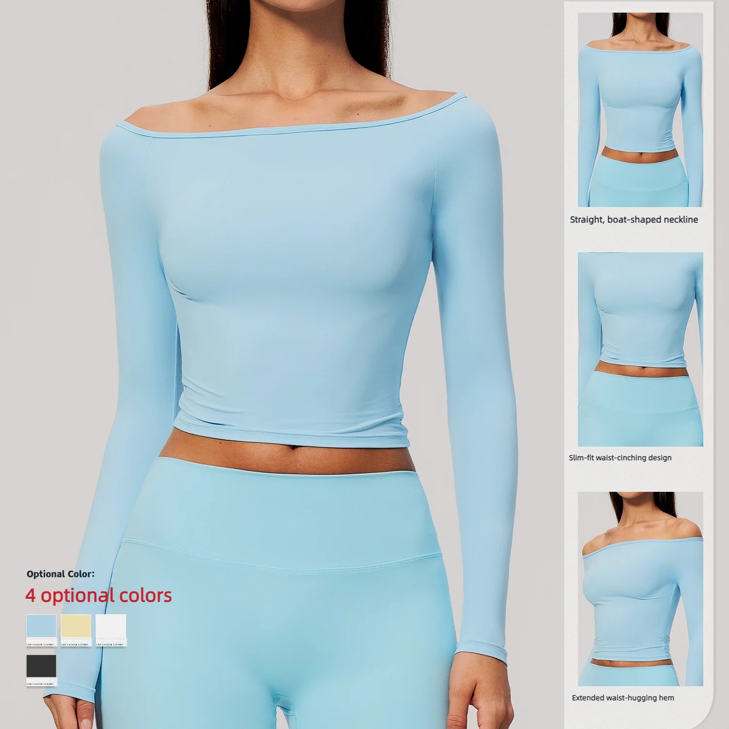 Women's Yoga Long Sleeved Fitness T-shirt Running Workout Gym Top Boat Neck Slim Fit Longline Stretchy Solid Color Breathable
