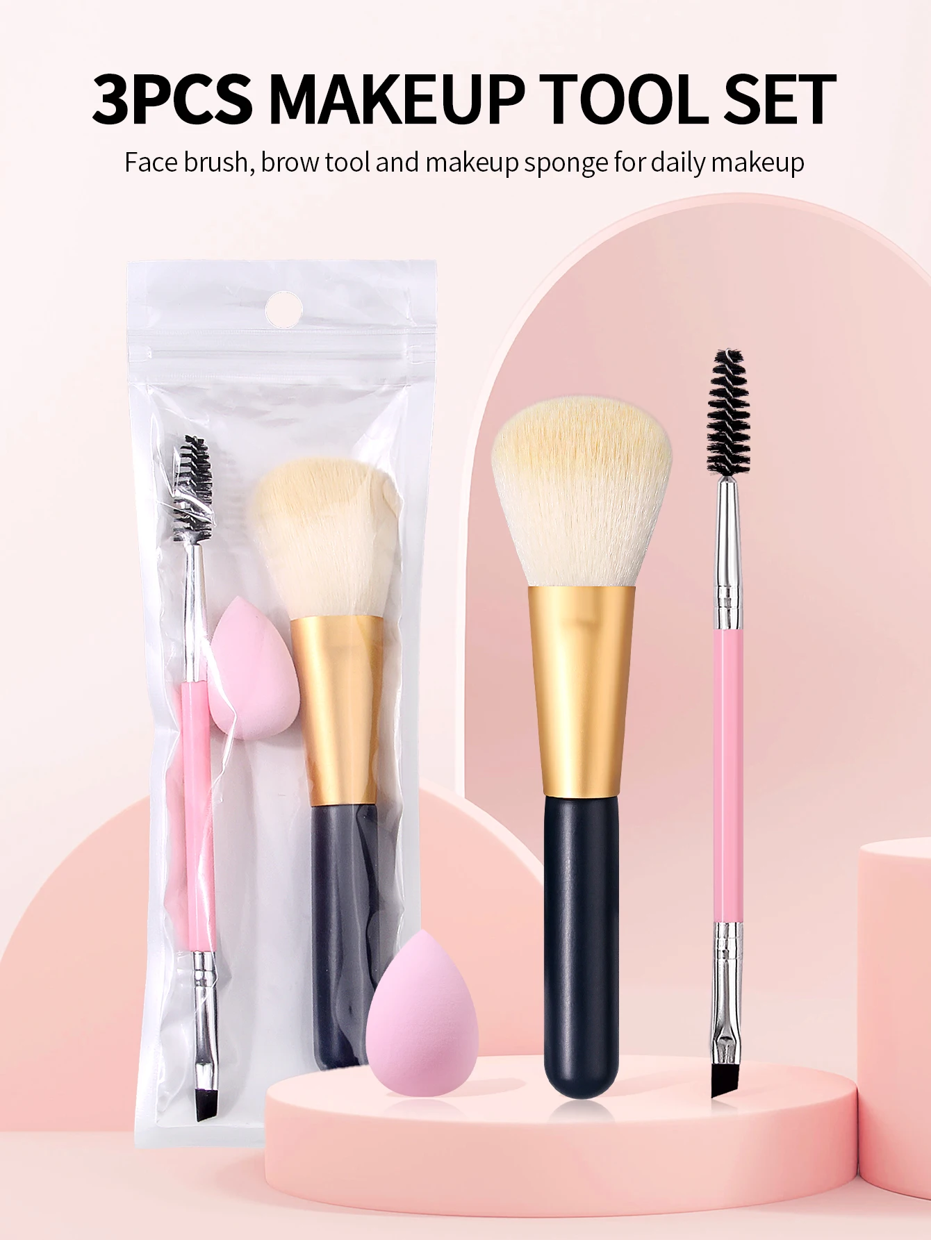 3Pcs Professional Makeup Brush Set, Powder Blush Brush, Lash Brush, Eyebrow Brush, Mini Makeup Puff, Cosmetic Tools Kit