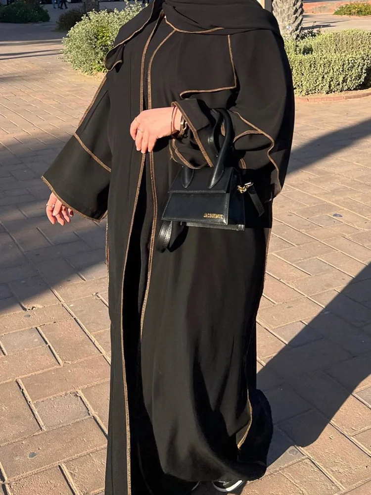 Ramadan musulmano aperto Abaya per le donne Dubai abito lungo quattro pezzi set musulmani turchia cuciture islamiche Abaya con cintura Hijab