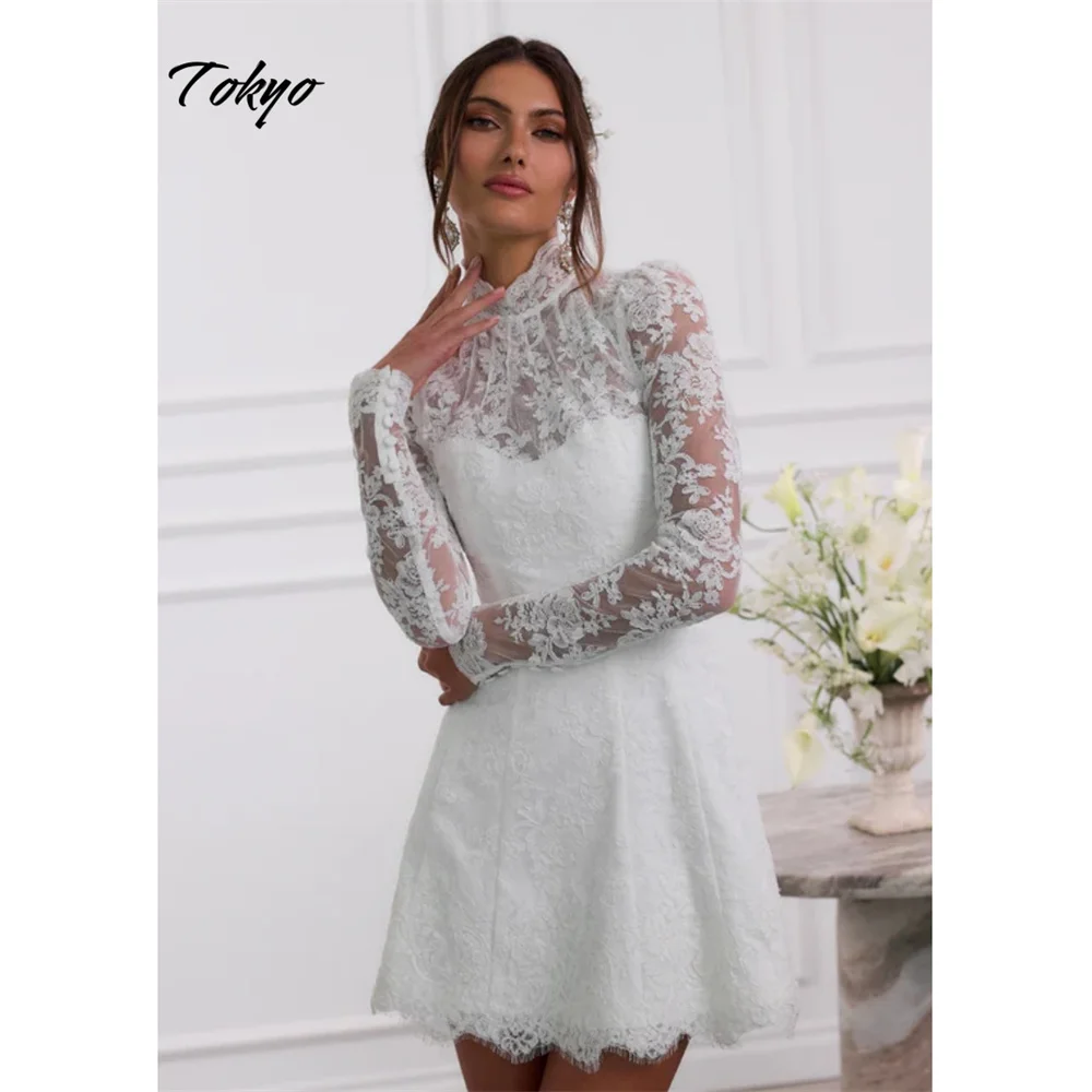 Tokyo Maßgeschneiderte weiße Brautkleider mit hohem Ausschnitt, Spitze, lange Ärmel, A-Linie, Brautkleider, elegante, rückenfreie Mini-Hochzeitskleider