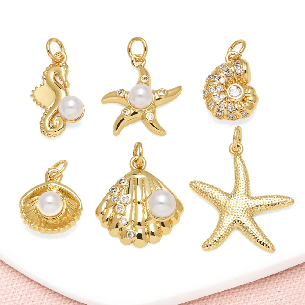 OCESRIO Bead White Crystal Seahorse Seastar Charms for Bracelet Copper Gold Plated Conch Shell Keychain Purse Charm chma433
