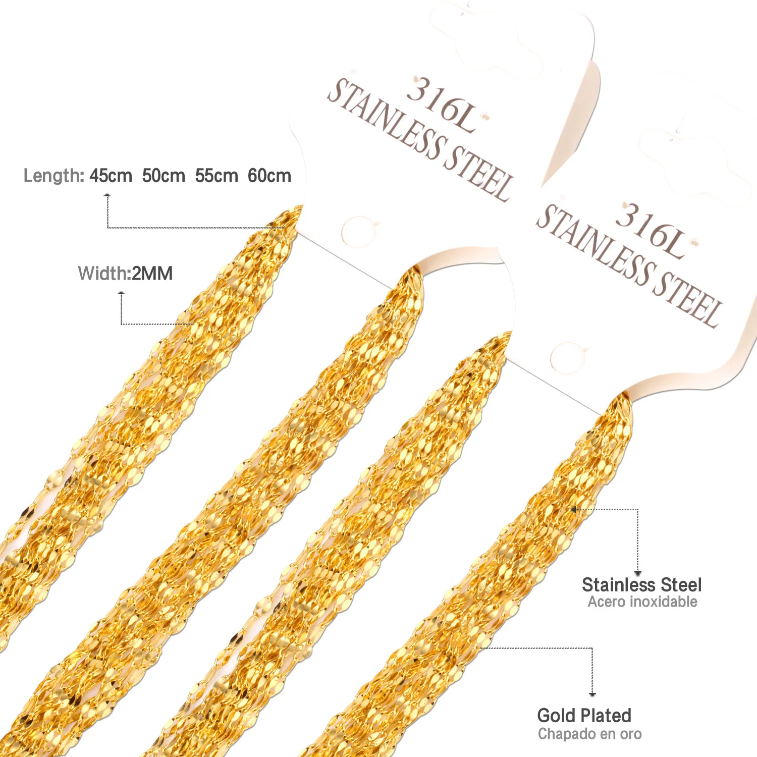 LUXUSTEEL 10Pcs/Lot Lip Shape Water-Wave Chain 316L Stainless Steel Golden Color Thin 2mm Necklace Jewelry Making Wholesale