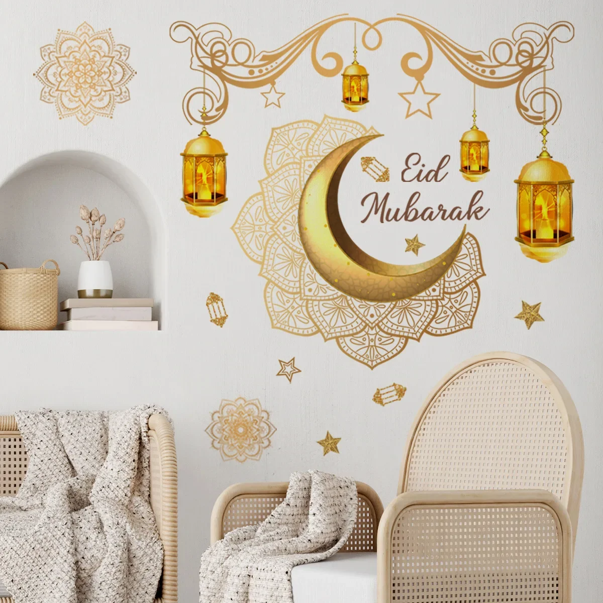 Nueva pegatina de pared Eid Mubarak, Luna dorada, estrella, linterna, calcomanía de pared, decoración de Ramadán 2024, fiesta musulmana islámica, ventana adhesiva