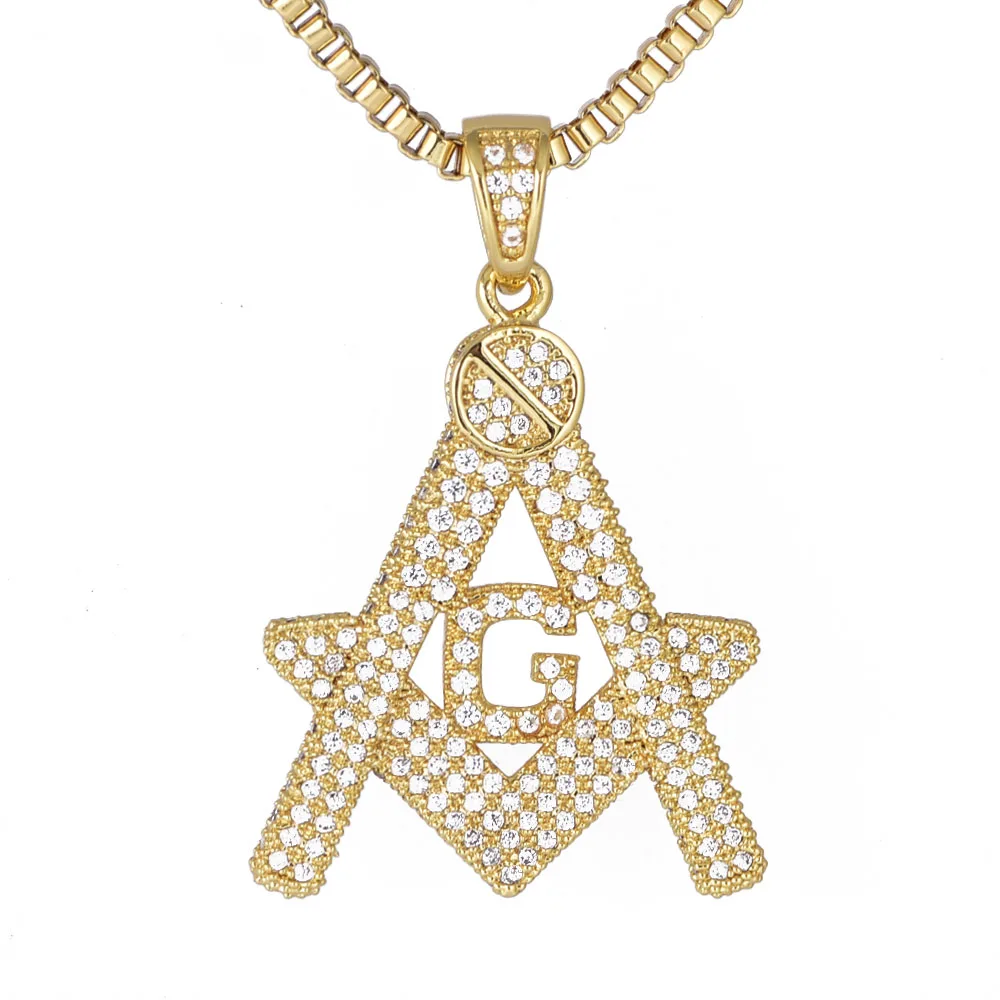 Wholesale Ice Out Pendant for Men Gold Plated Cubic Zirconia G Letter Masonic Pendants Necklace Hip Hop Brass Fine Jewelry