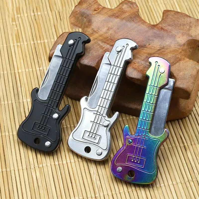 Canivete Dobrável em Forma de Guitarra Mini de Aço Inoxidável, Ferramenta Portátil de Defesa Pessoal para Uso Doméstico