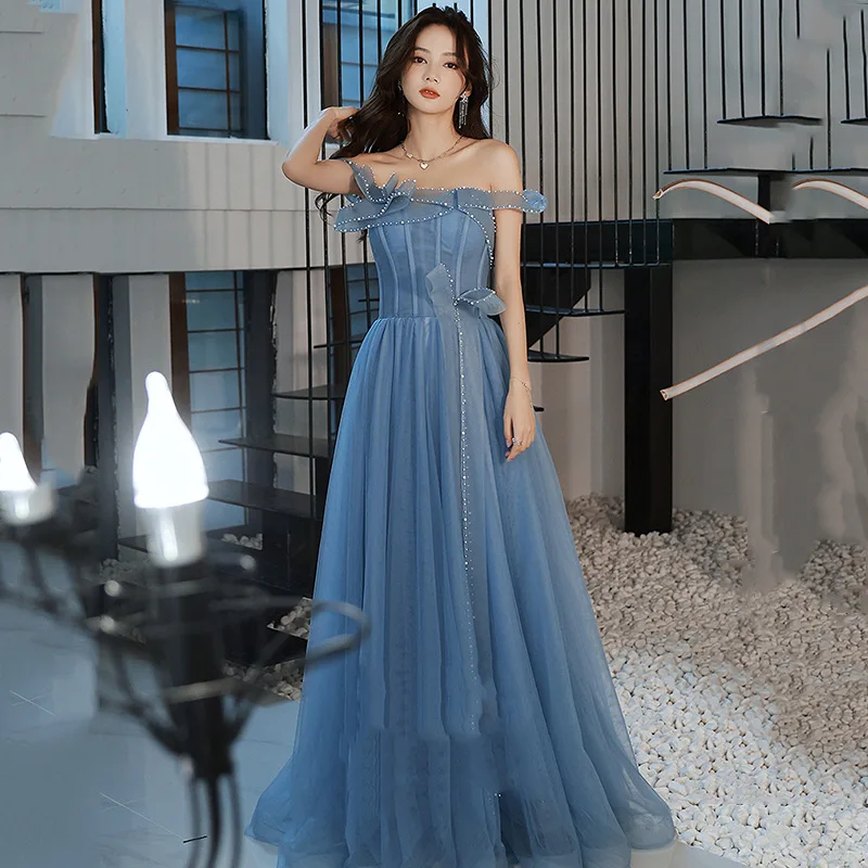 

Blue Tull Celebrity Dresses Strapless Off The Shoulder Beading A Line Simple Women Formal Elegant Evening Gowns 2023 Summer New