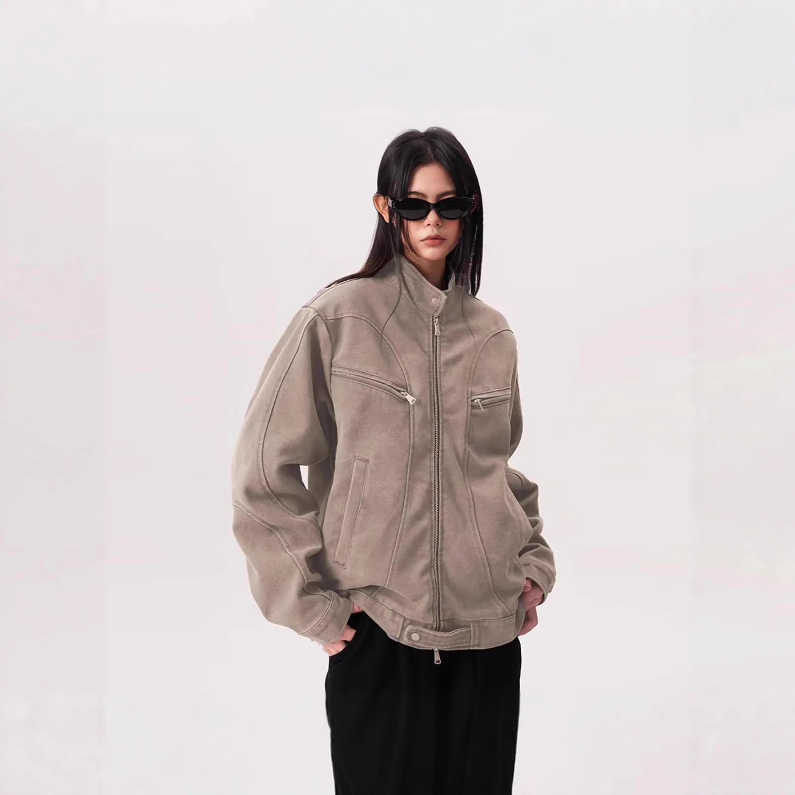 Chaqueta con cuello levantado lavada para mujer, ropa de trabajo informal corta con cremallera, estilo Retro americano, para otoño e invierno, para parejas