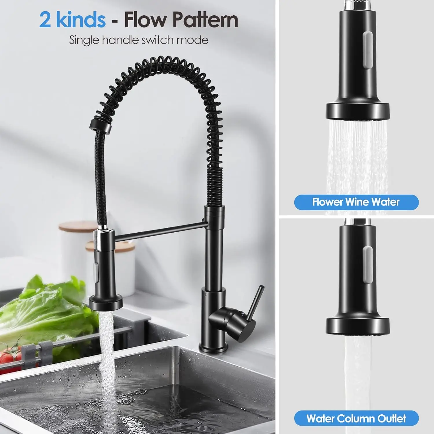 STARON Black Pull Out Down Kitchen Faucet Chrome Dual Modes Nozzle Hot Cold Water Mixer Crane Tap Spring Kitchen Sink Faucets