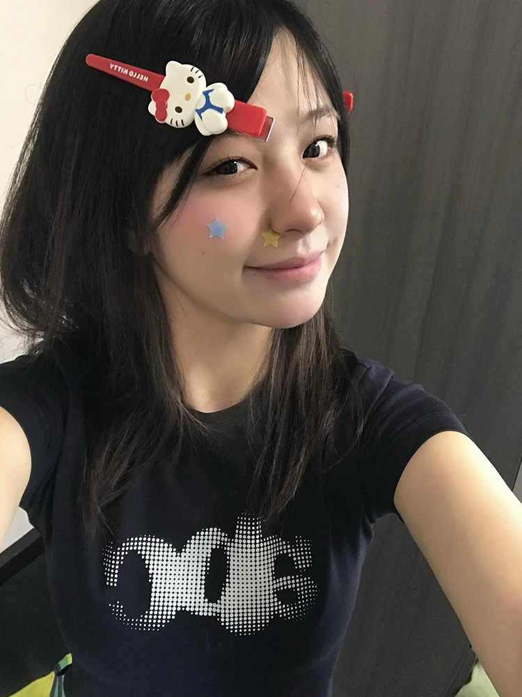 T-shirt coreana Sle ort Sve da donna estiva slim fit stampata in misto cotone poliestere rotondo Ne casual versatile Top