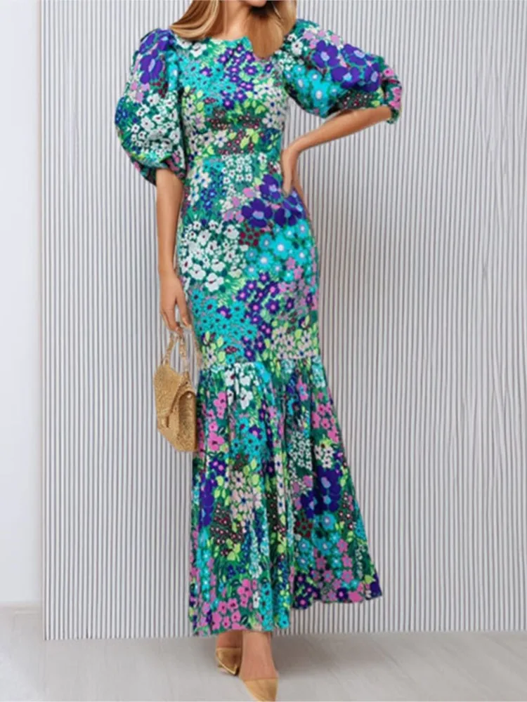

Fashion Floral Print Dress For Women Elegant O Neck Puff Sleeve High Waist Dresses Robe Femme Casual Holiday Party Clothes New