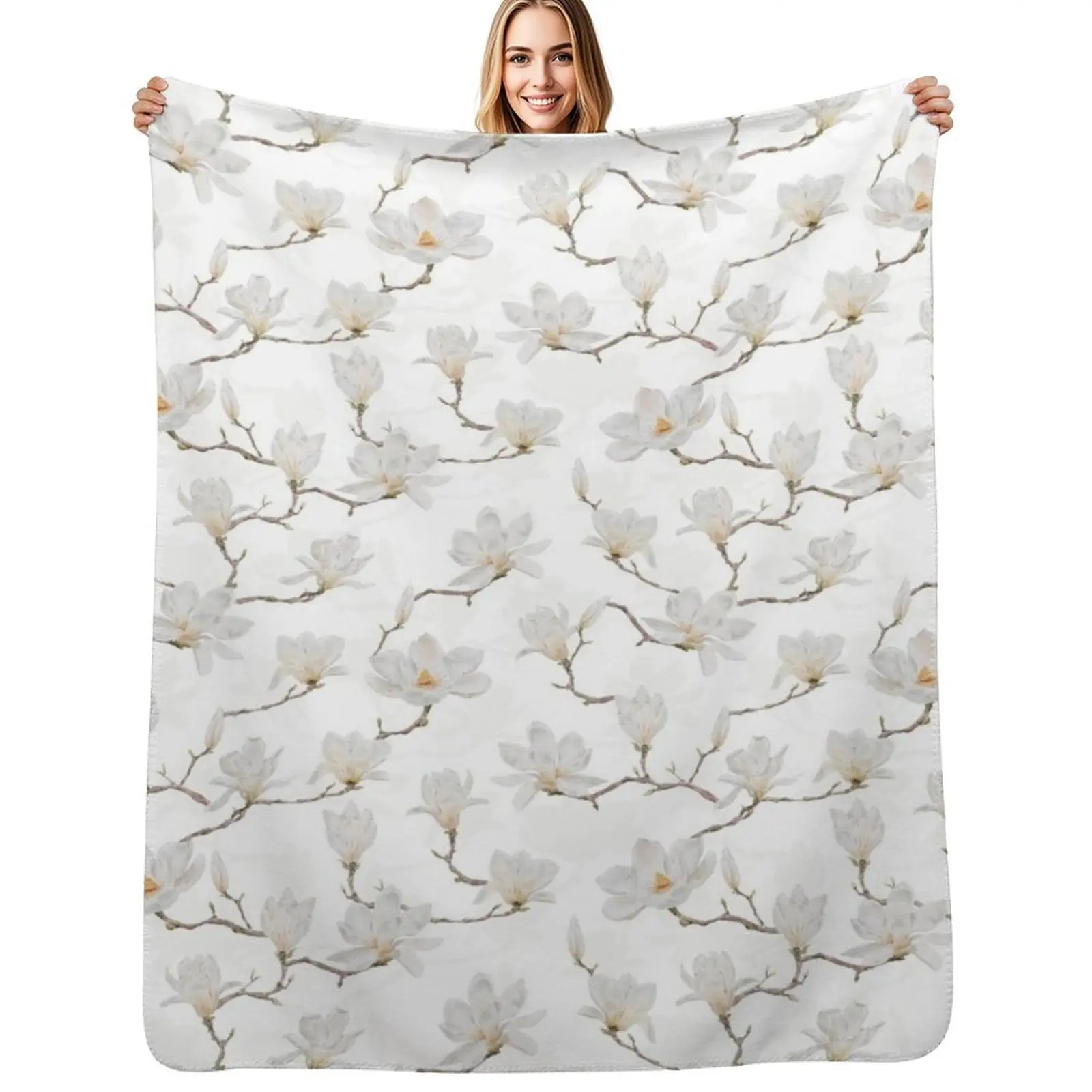 Delicate White Magnolia Branches on Ivory Throw Blanket Durable Warm Blanket for Daily Home Use
