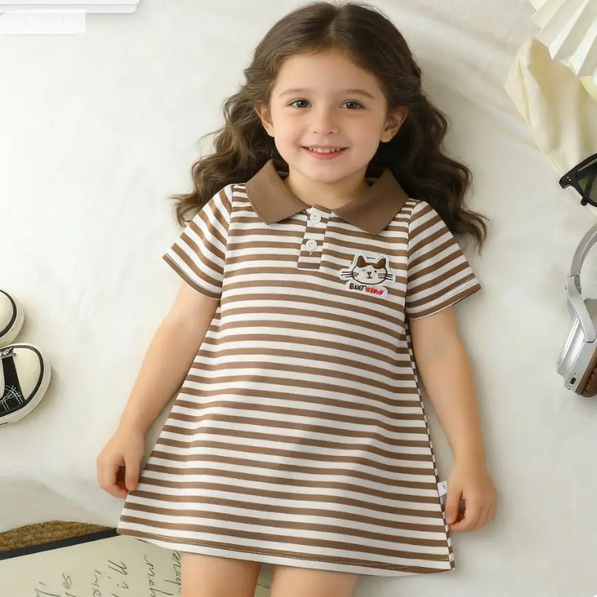 2026 Neues koreanisches Kinderkleid, Mädchen Sommer Casual Cartoon Gestreiftes Kurzarm-Prinzessinnenkleid mit Revers – Detail 3