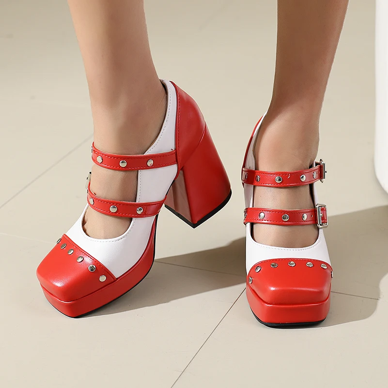 Plus Size Table Rivets Double Row Buckle Hollow Ultra-High Thick Heel Pumps Color Blocked Sexy High Heels