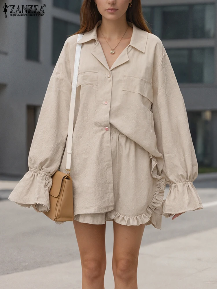 ZANZEA 2025 Fashion Autumn Women Suits Short Sets Casual Ruffled Long Sleeve Shirts Loose Shorts Outfits Elegant Work Sets 2PCS