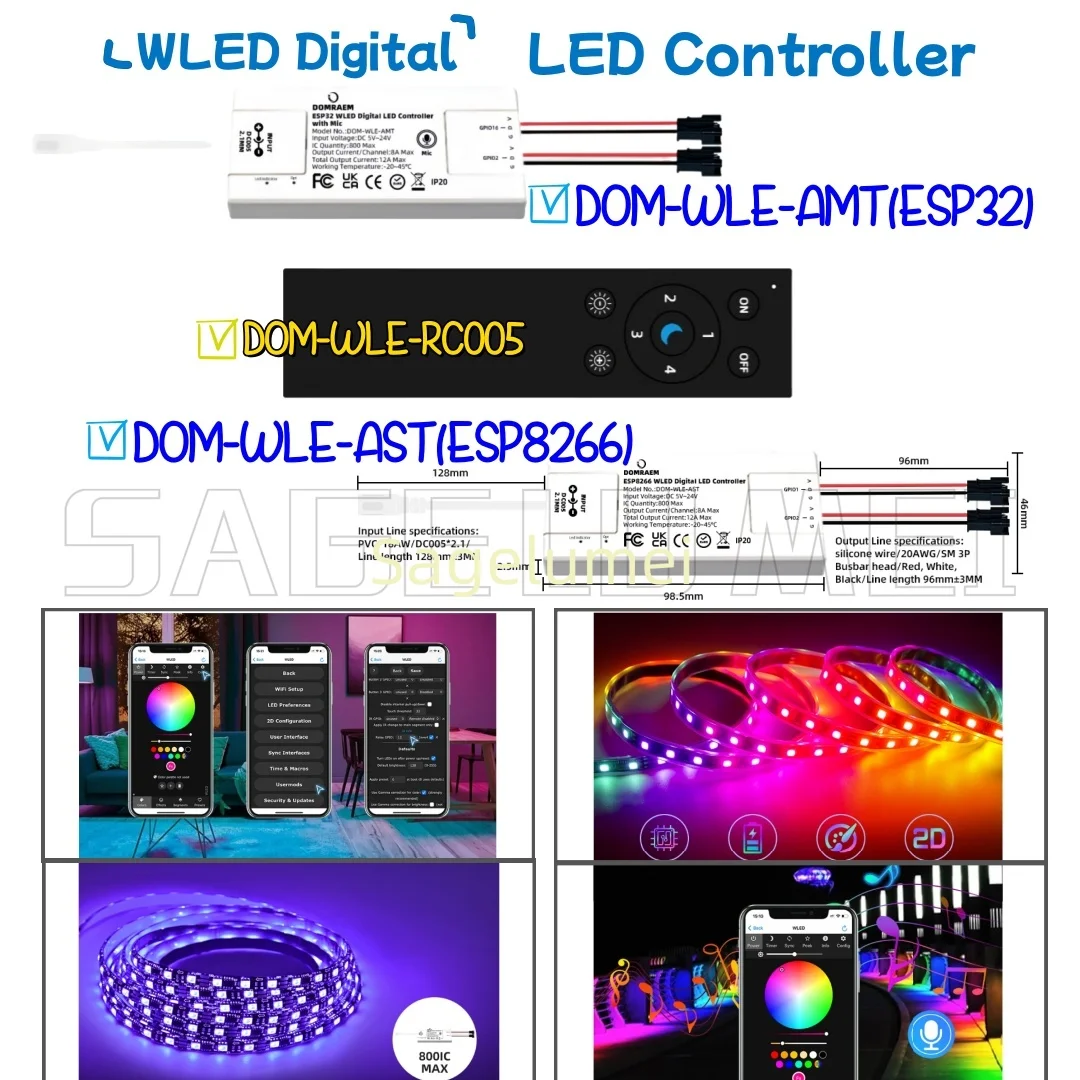 

Контроллер светодиодных лент с цифровым микрофоном WLED, ультратонкий 12AMax, 2 канала, 5-24 В, выходной привод800 IC, DOM, Wi-Fi, удаленная адресация ESP32 ESP8266