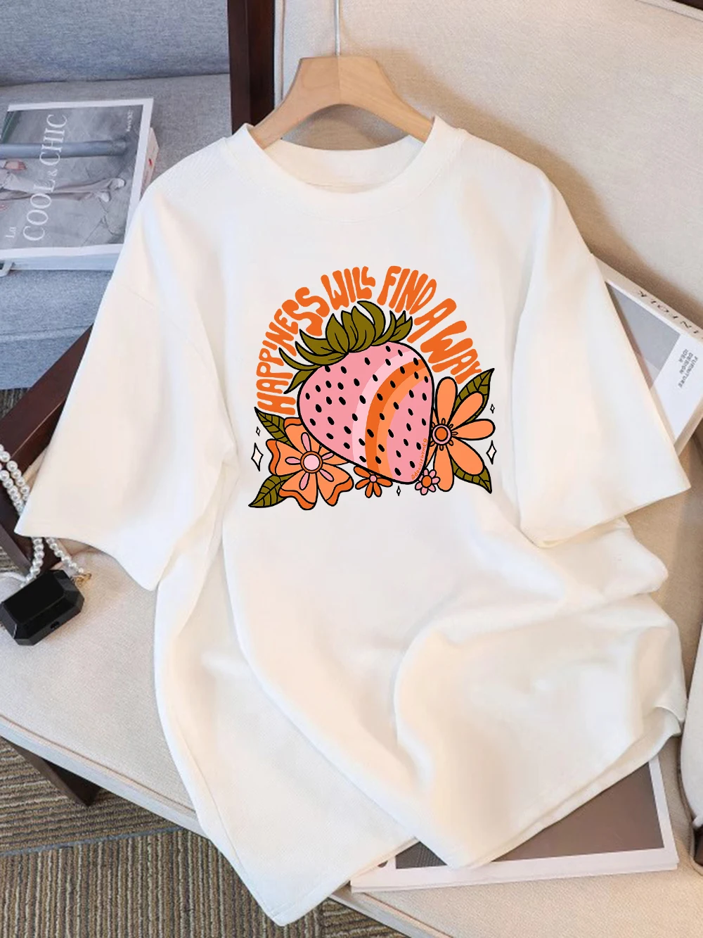 

100% Cotton Summer T-Shirts Womens Hapiness Will Find A Way Prints Tops Comfortable Soft O-Neck T Shirt All-Match Womans Clothes