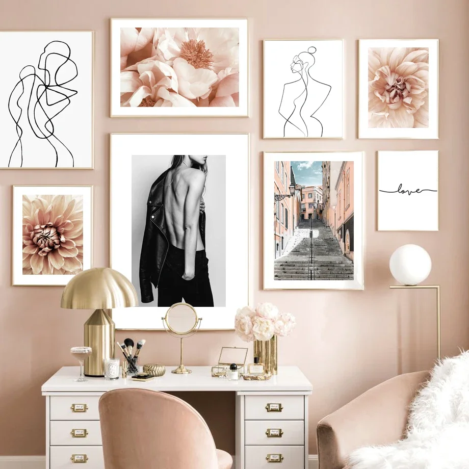 Wall Art Canvas Painting Peony Flower Sexy Woman Town Line Figures Nordic Posters And Prints Wall Pictures For Living Room Decor